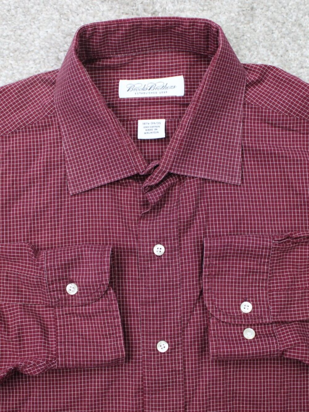 Brooks Brothers Shirt Men 16 1/2, 34/35 Red Check 100% Cotton Long Sleeve Casual